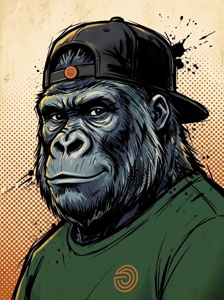 Portrait de Silver, le gorille de la maison, casquette à l'envers et t-shirt vert.