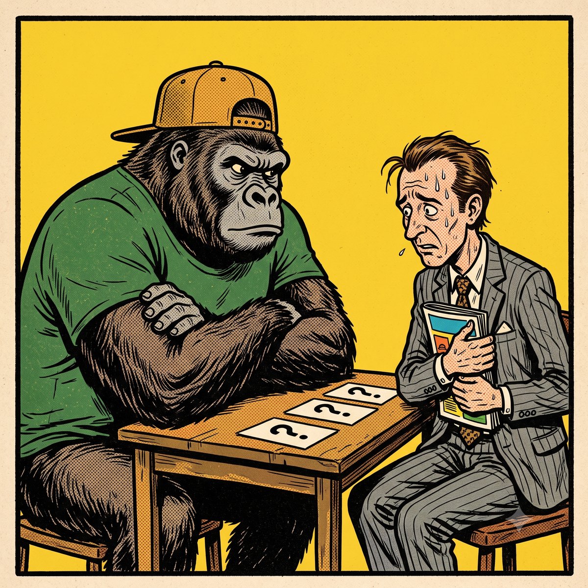 Gorille mascotte mfdy.digital face a un commercial d'agence web, trois cartes avec un point d'interrogation posees sur la table