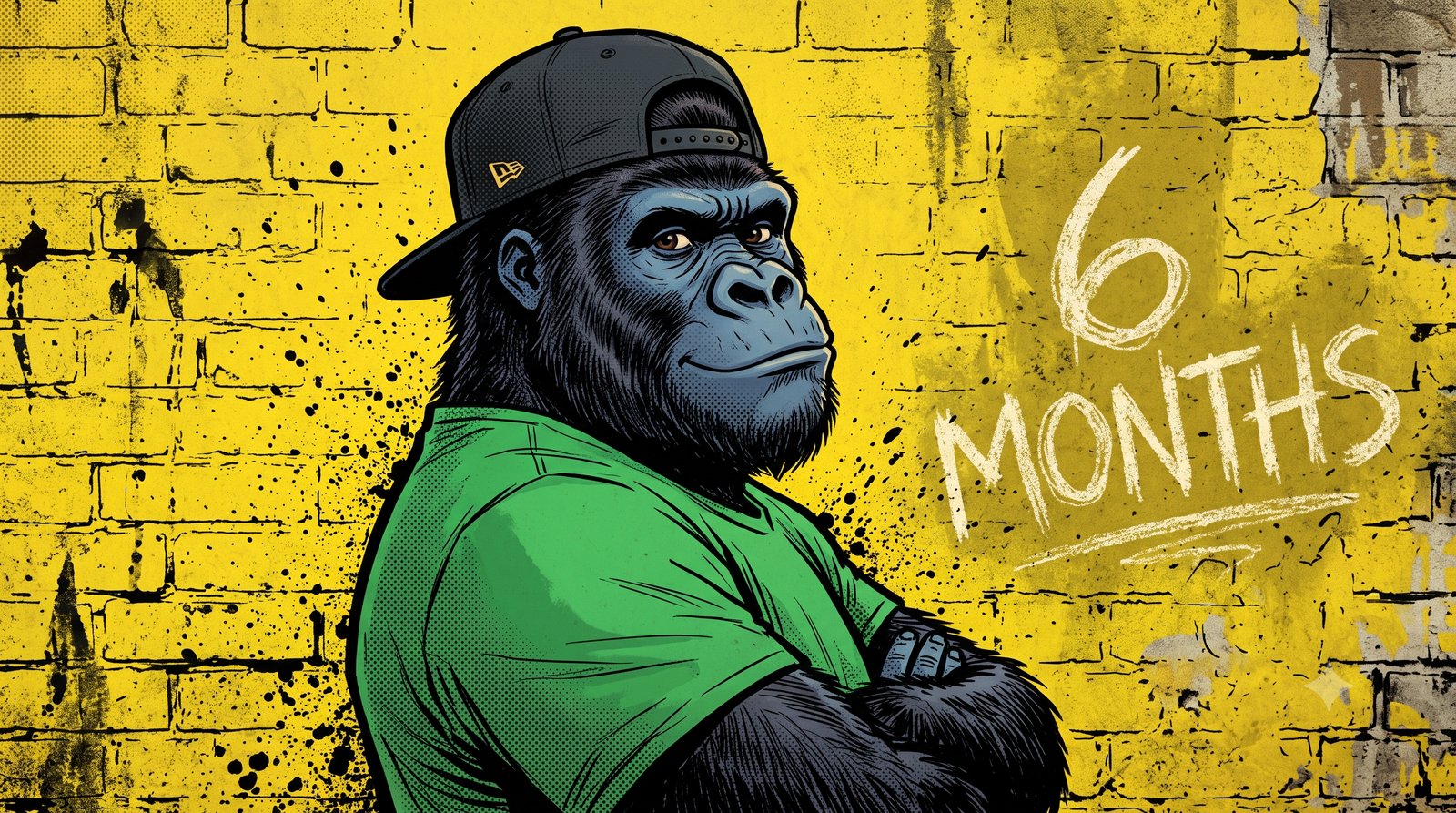 Le gorille mascotte de mfdy.digital, casquette a l'envers et t-shirt vert sur fond jaune, bras croises et regard pose, faisant le bilan de 6 mois d'agence web en solo