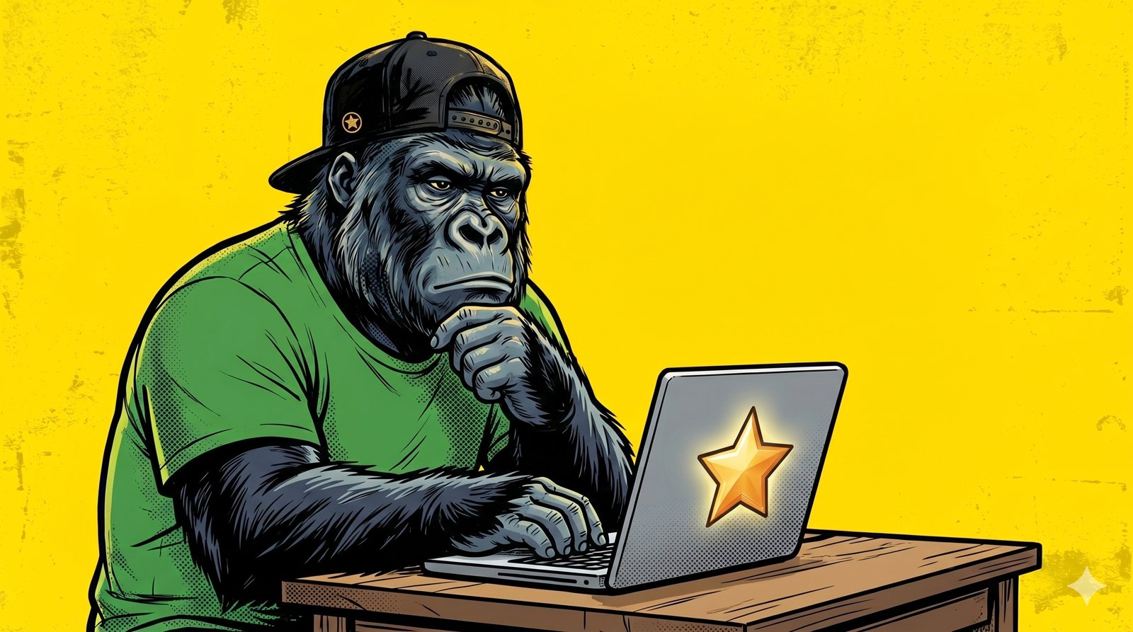 Le gorille mascotte de mfdy.digital, casquette et t-shirt vert, l'air songeur devant un ordinateur portable affichant une étoile d'avis, illustrant une agence immobilière qui se demande pourquoi elle n'apparaît pas sur Google