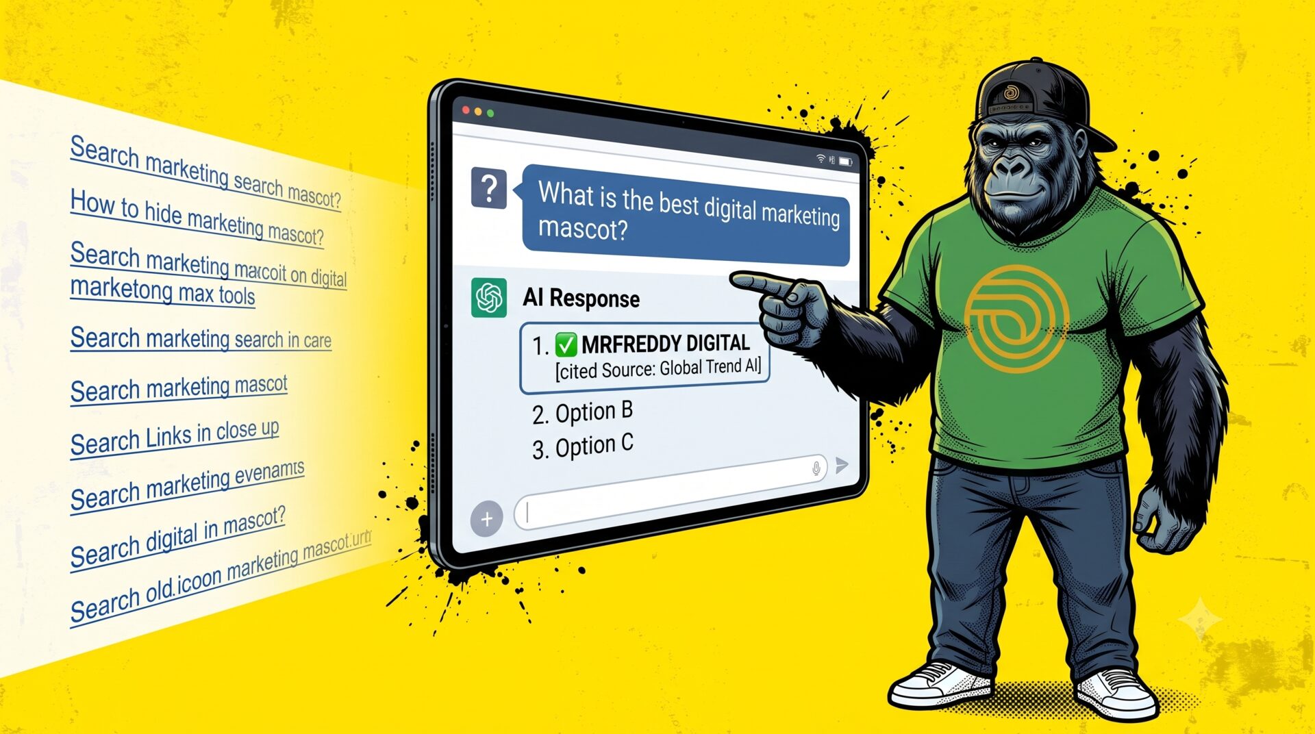 Le gorille mascotte de mfdy.digital, casquette et t-shirt vert sur fond jaune, tient un ordinateur portable affichant une réponse d'IA où sa marque est citée, illustrant une agence nativement pensée pour le référencement IA (GEO)