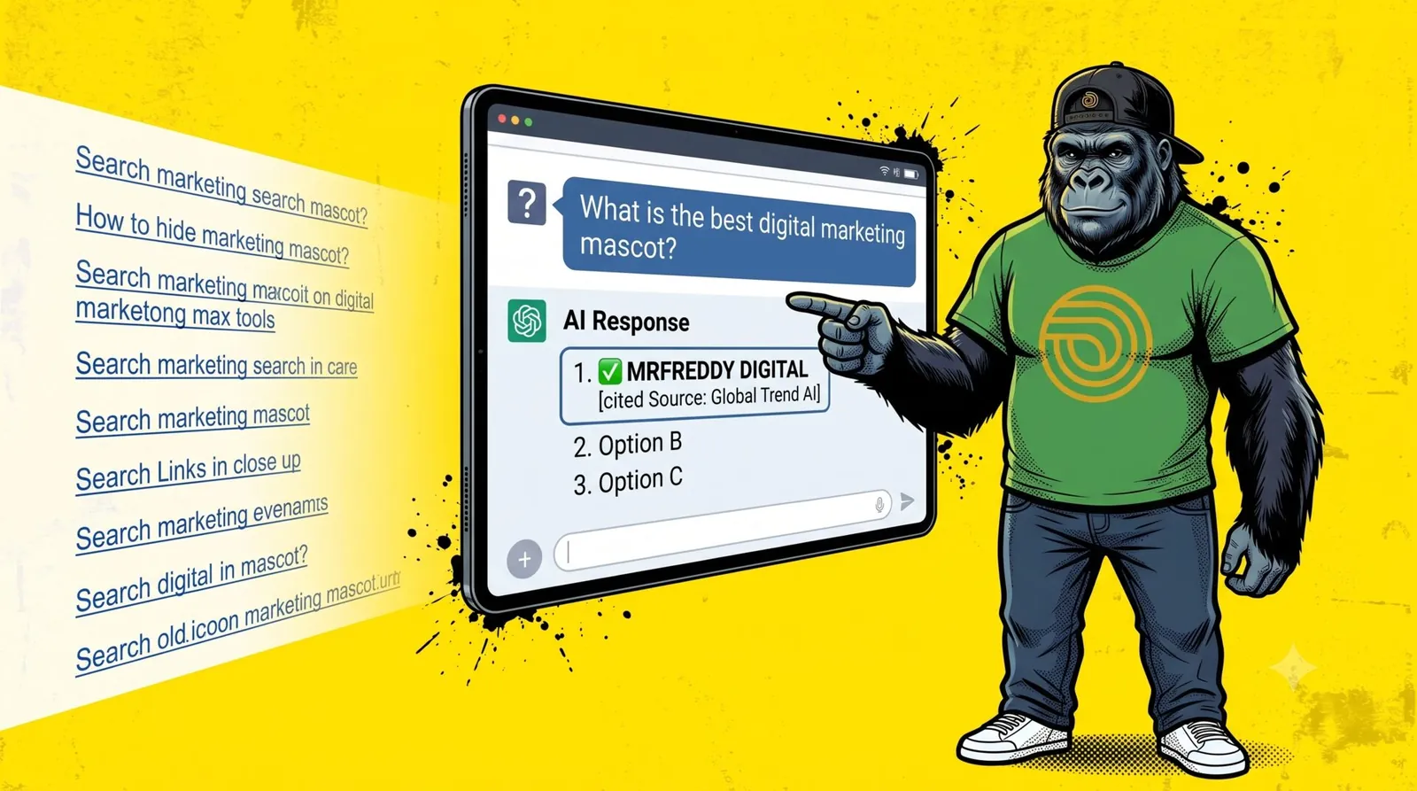 Le gorille mascotte de mfdy.digital, casquette et t-shirt vert sur fond jaune, tient un ordinateur portable affichant une réponse d'IA où sa marque est citée, illustrant une agence nativement pensée pour le référencement IA (GEO)
