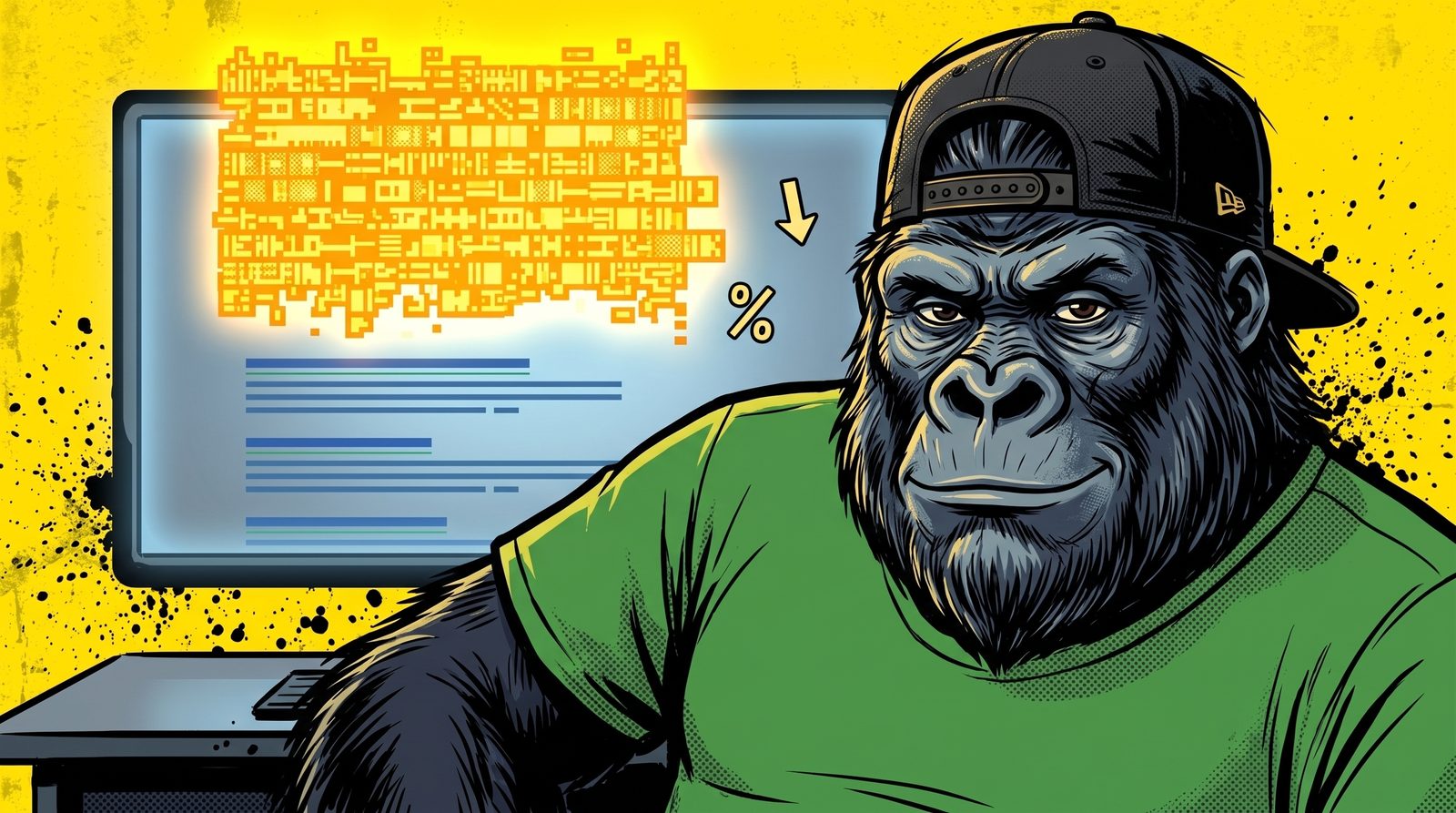 Illustration d'un personnage gorille en casquette noire à l'envers et tee-shirt vert sur fond jaune, assis devant un écran de résultats Google où un gros bloc de texte généré par l'IA recouvre les liens bleus, avec une flèche vers le bas et un signe pourcentage à côté