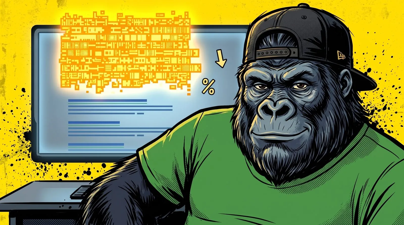 Illustration d'un personnage gorille en casquette noire à l'envers et tee-shirt vert sur fond jaune, assis devant un écran de résultats Google où un gros bloc de texte généré par l'IA recouvre les liens bleus, avec une flèche vers le bas et un signe pourcentage à côté