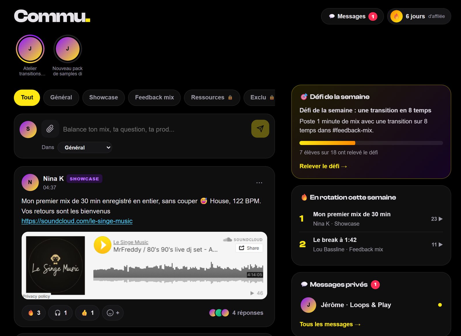 Interface de la communauté de l'école de DJ Loops & Play : salons Général, Showcase et Feedback mix, un mix partagé par une élève avec son lecteur SoundCloud intégré, le défi de la semaine et les messages privés