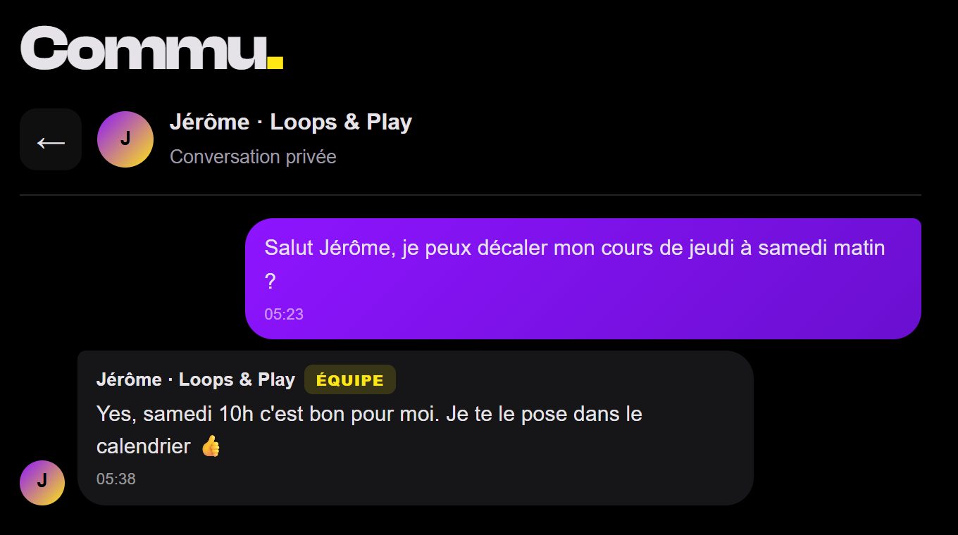 Conversation privée entre un élève et Jérôme pour décaler un cours de jeudi à samedi matin