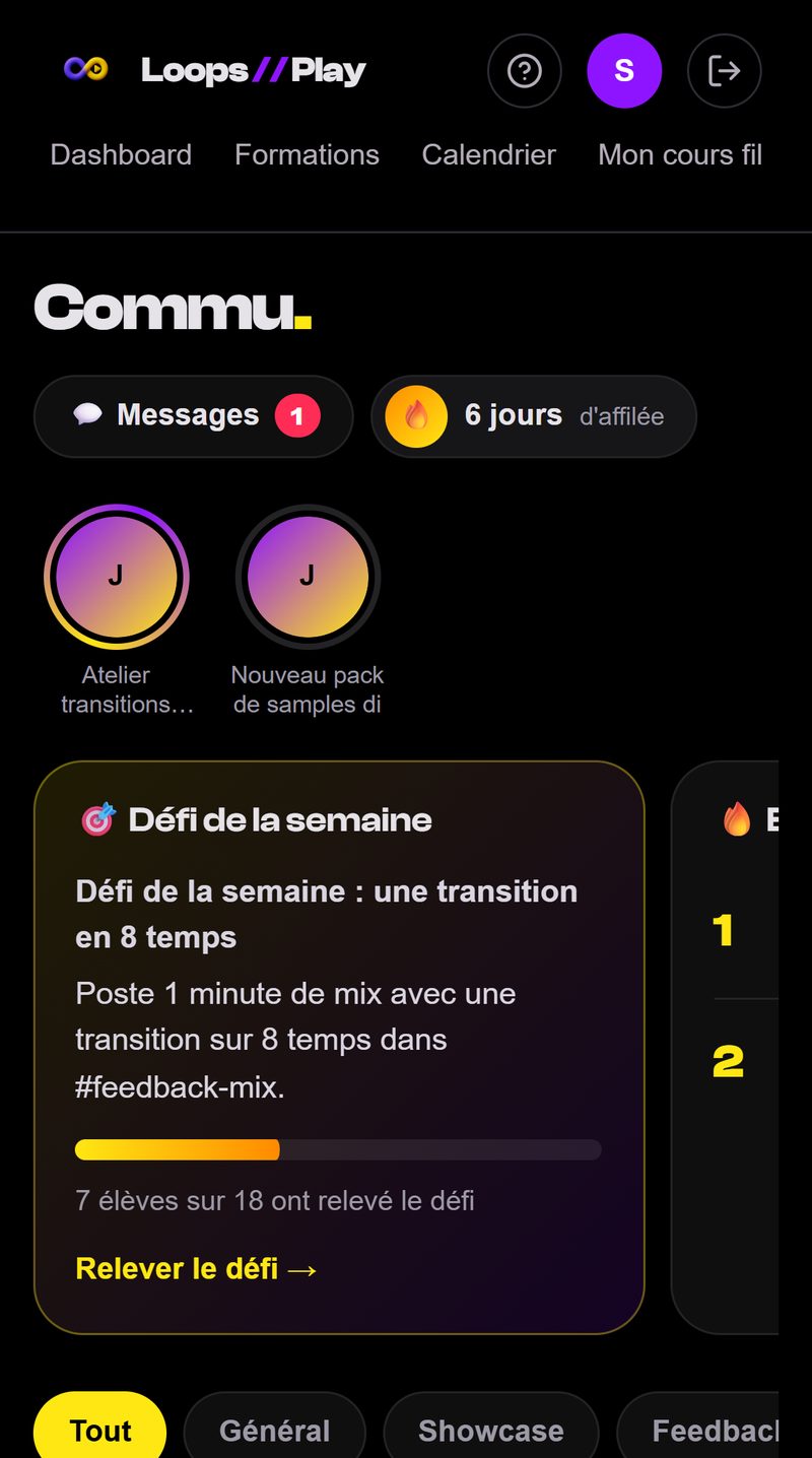 La communauté Loops & Play sur téléphone : messages privés, série de jours, annonces de Jérôme et défi de la semaine