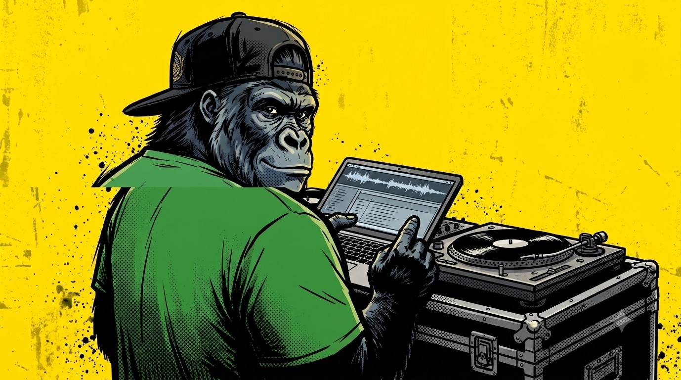 Le gorille mascotte de mfdy.digital, casquette noire à l'envers et t-shirt vert, assis sur une flight case DJ avec un ordinateur portable et une platine, fond jaune