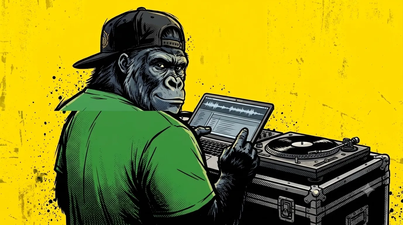 Le gorille mascotte de mfdy.digital, casquette noire à l'envers et t-shirt vert, assis sur une flight case DJ avec un ordinateur portable et une platine, fond jaune