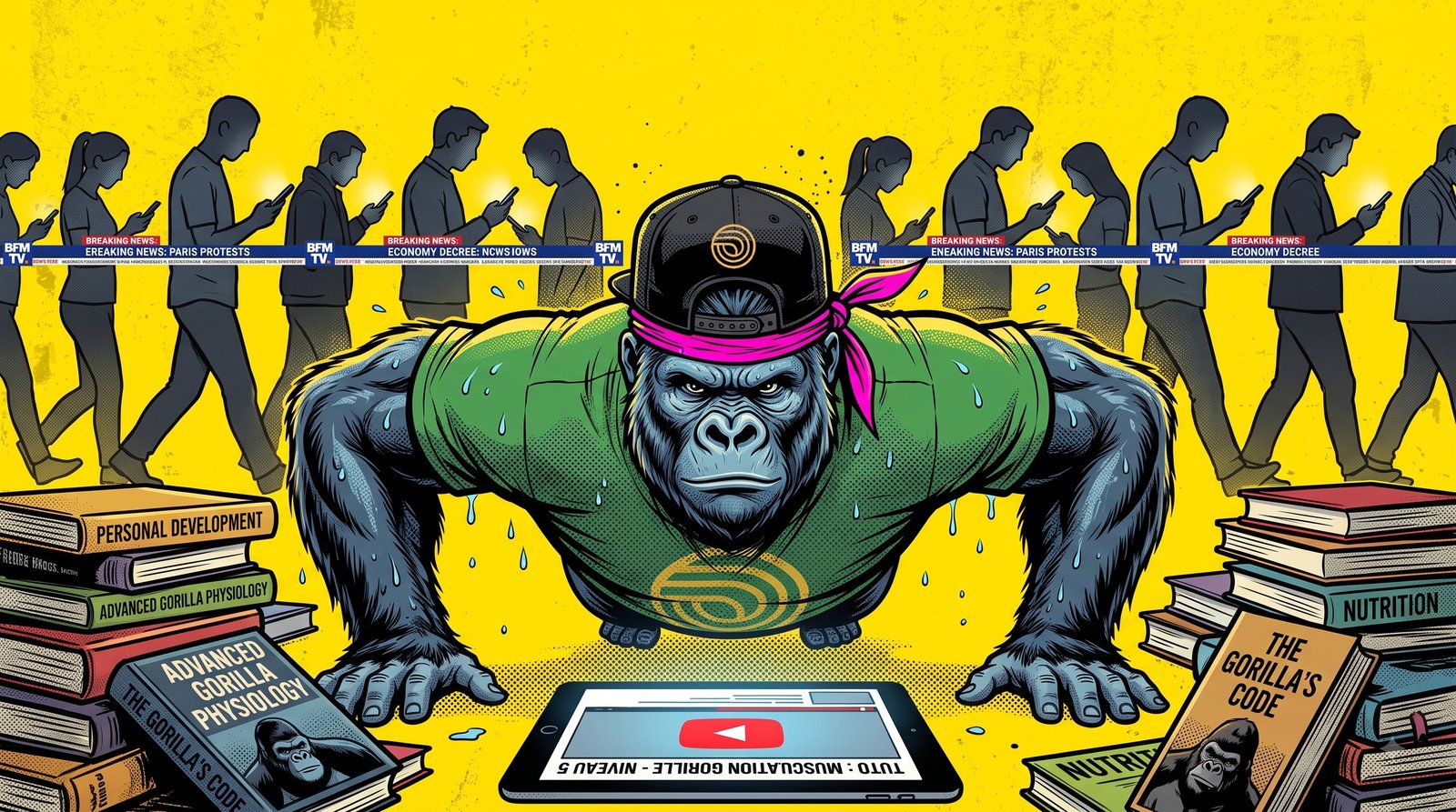 Le gorille mascotte de mfdy.digital fait des pompes en sueur devant une tablette diffusant un tuto YouTube, entouré de piles de livres, bandana rose fluo, avec en arrière-plan une foule qui marche les yeux rivés sur son téléphone