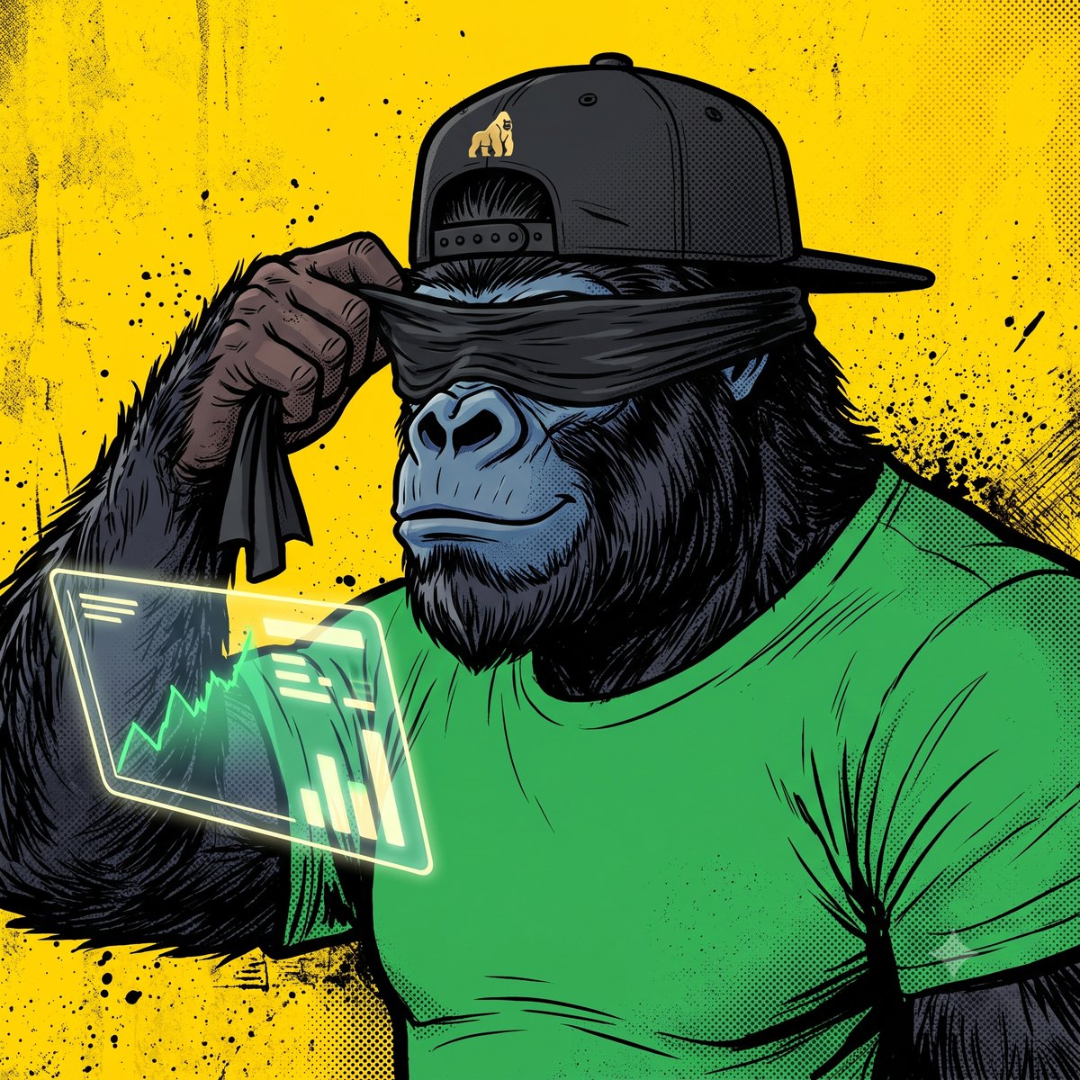 Le gorille mascotte de mfdy.digital, casquette dorée et t-shirt vert sur fond jaune, retire un bandeau de ses yeux devant un tableau de bord de statistiques, symbolisant le passage du travail au feeling au pilotage par les chiffres