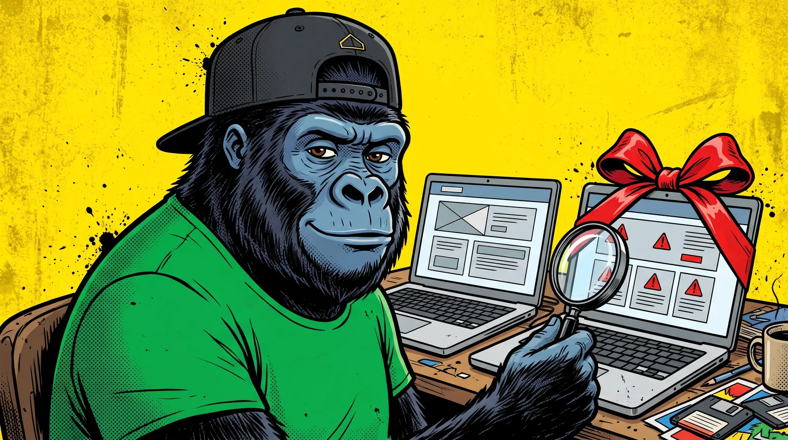 Illustration d'un personnage gorille en casquette noire à l'envers et tee-shirt vert sur fond jaune, assis devant deux ordinateurs portables qui affichent le même site : l'un est emballé d'un gros nœud rouge comme un cadeau, et le gorille l'inspecte à la loupe, l'écran couvert de triangles d'alerte