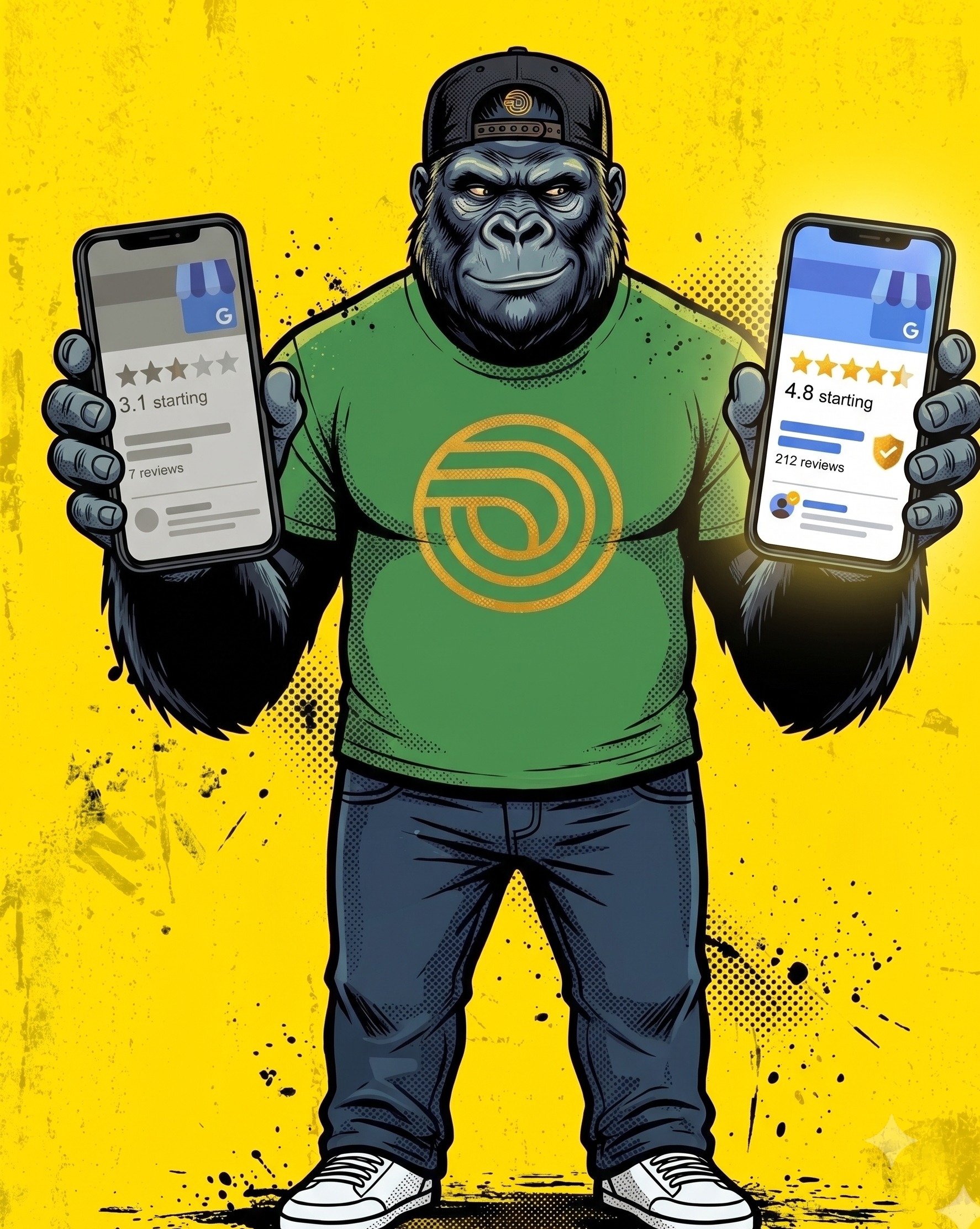 Le gorille mascotte de mfdy.digital, casquette noire et t-shirt vert sur fond jaune, comparant deux téléphones : l'un affiche une fiche Google fanée à 3 étoiles et 7 avis, l'autre une fiche à 4,8 étoiles et 212 avis avec un badge de réponse, illustrant l'écart entre une fiche Google négligée et une fiche entretenue
