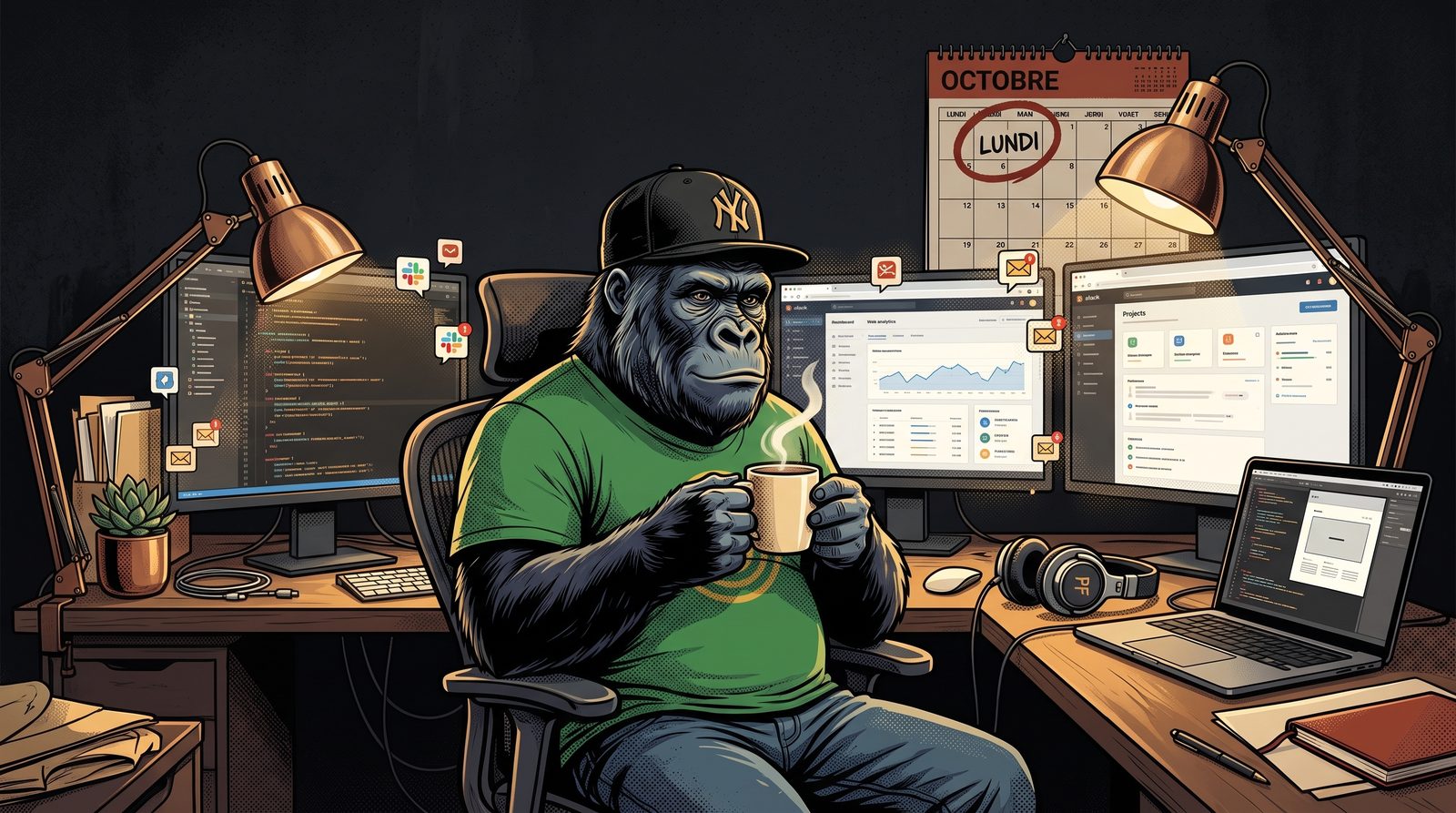 Illustration d'un entrepreneur solo (personnage gorille) assis à son bureau un lundi matin, café à la main, entouré de plusieurs écrans avec notifications, un calendrier mural où le lundi est entouré en rouge, et un casque DJ posé à côté de l'ordinateur portable