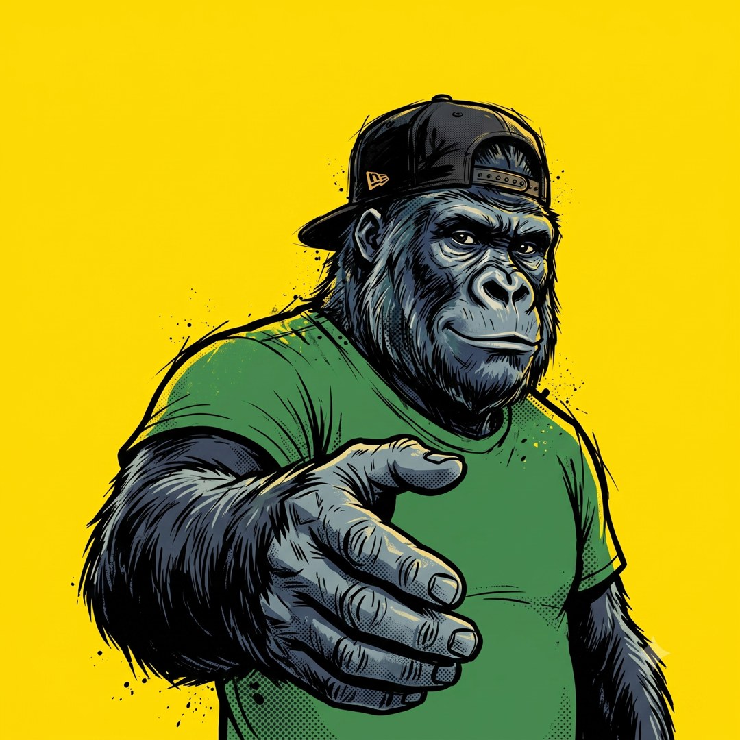 Le gorille mascotte de mfdy.digital tend la main pour une poignee de main, sur fond jaune, symbole de la relation qui fait signer un client