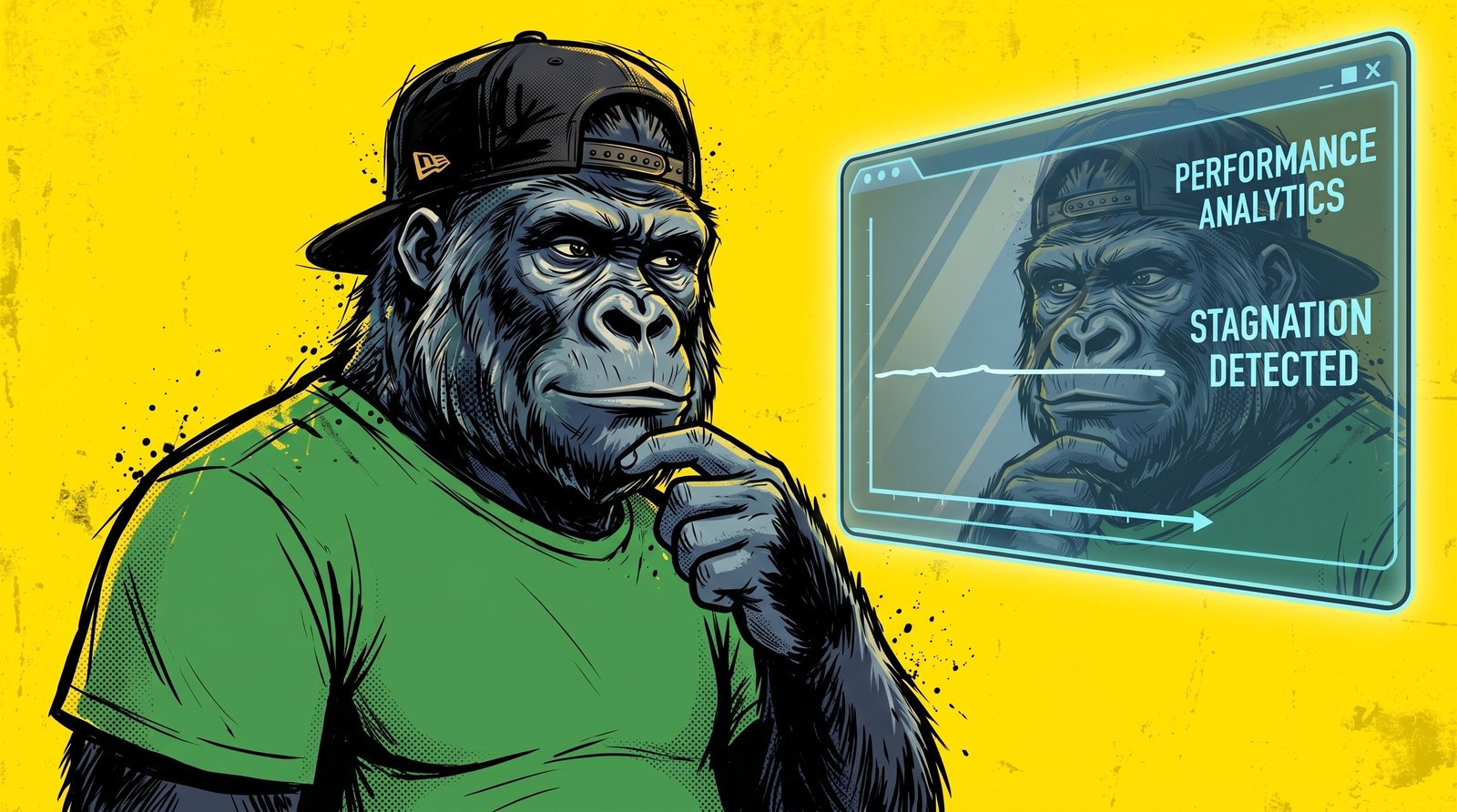 Illustration d'un personnage gorille en casquette noire portée à l'envers et tee-shirt vert, regardant pensivement un tableau de bord analytics flottant affichant une courbe quasiment plate et le texte performance analytics, stagnation detected, se grattant le menton, avec un effet miroir suggérant son propre reflet sur l'écran, sur fond jaune vif