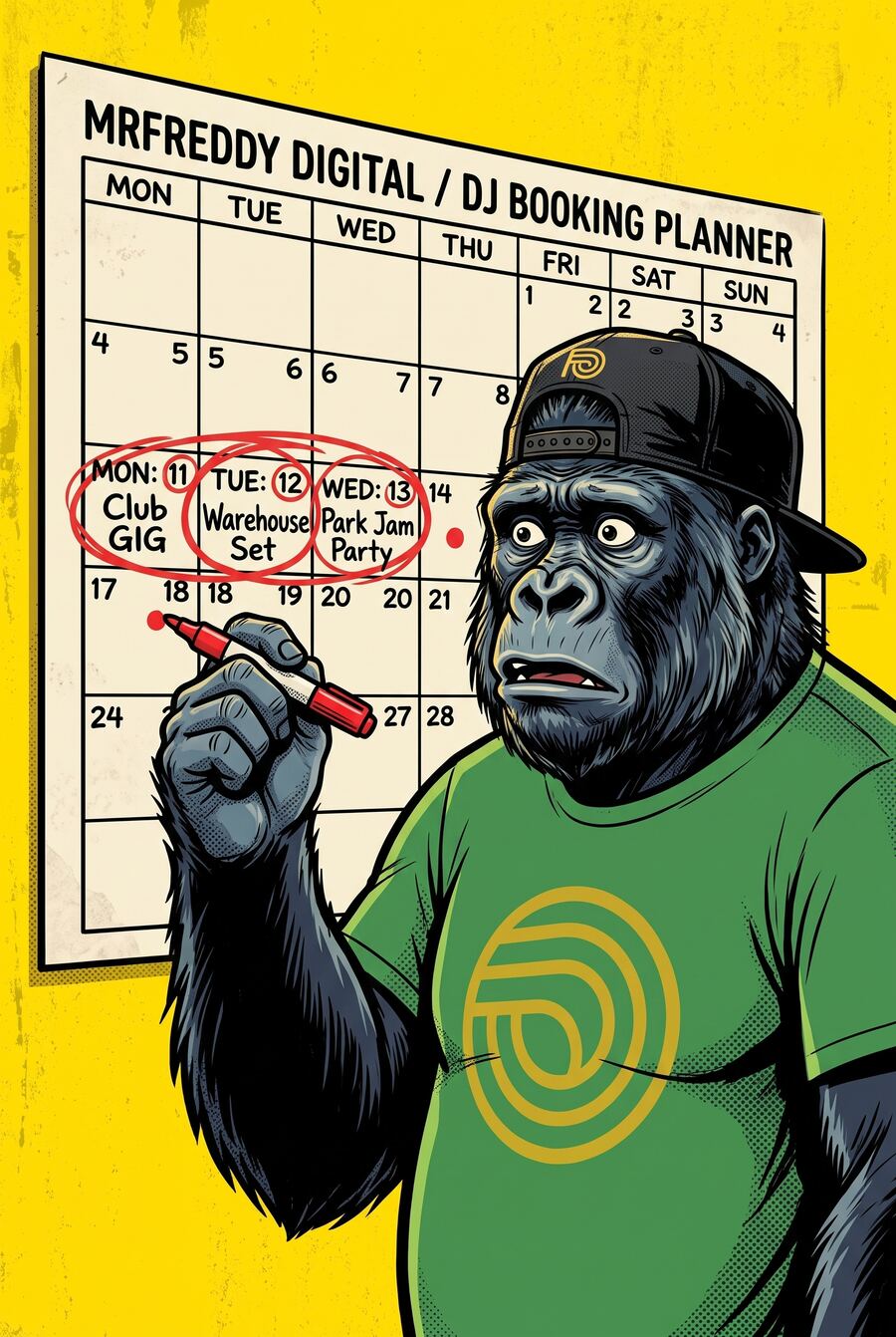 Le gorille mascotte de mfdy.digital devant un calendrier mural d'agenda DJ où plusieurs dates de la même semaine de septembre sont entourées au marqueur rouge en même temps, l'air un peu dépassé, sur fond jaune