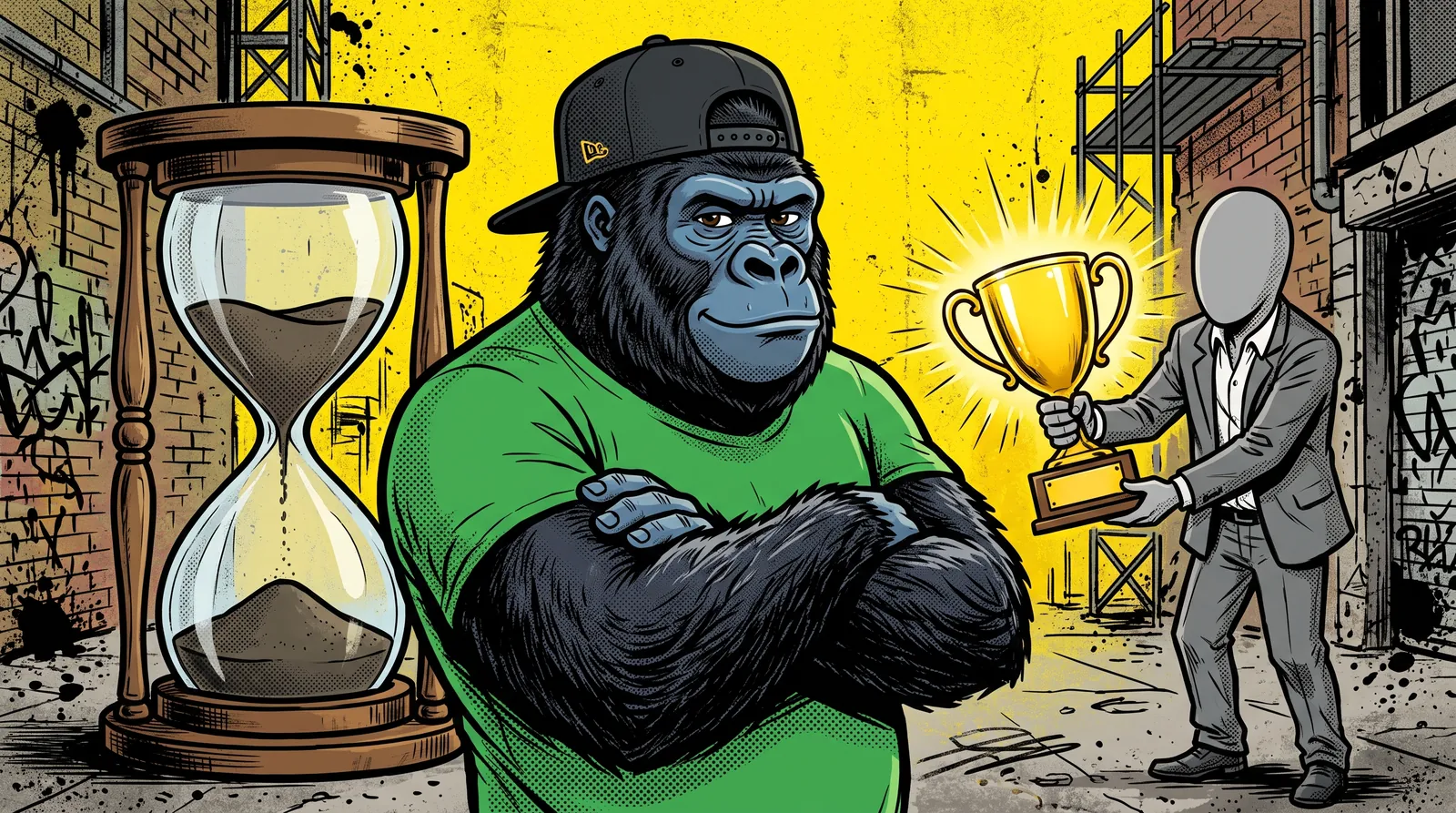 Illustration d'un personnage gorille en casquette noire à l'envers et tee-shirt vert sur fond jaune, bras croisés à côté d'un grand sablier, face à un vendeur sans visage en costume gris qui lui tend un trophée doré lumineux