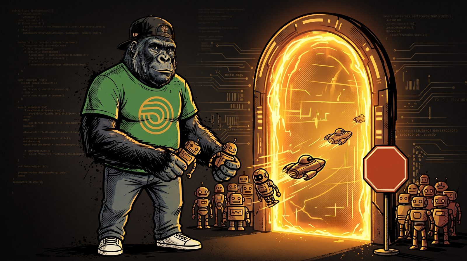 Illustration d'un personnage gorille en costume, debout devant un portail numérique orange type pare-feu, trie des robots miniatures : certains passent la barrière, d'autres sont arrêtés par un panneau stop, sur fond sombre avec des lignes de code
