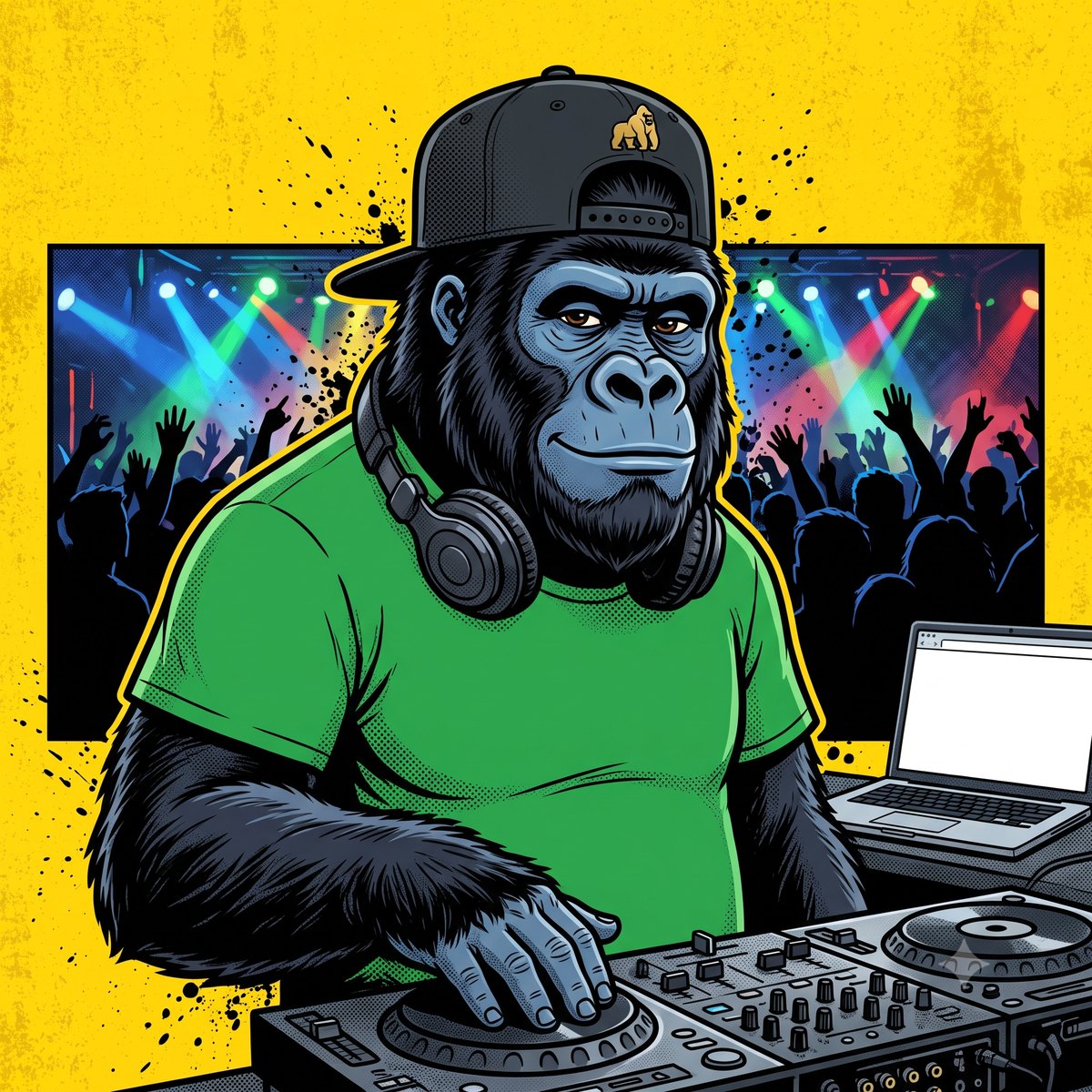 Gorille mascotte mfdy.digital en DJ devant un dancefloor plein, avec un ordinateur portable affichant une page web vide
