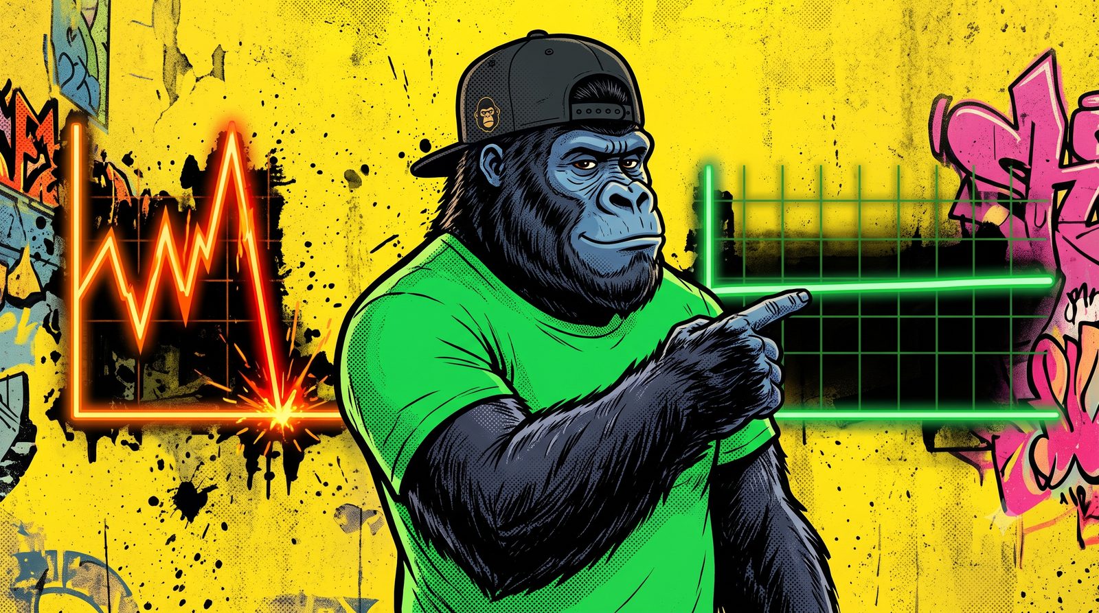 Illustration comic book : le gorille mascotte de mfdy.digital observe deux courbes, un pic éphémère pour le contenu social et une ligne longue et stable pour le contenu de blog