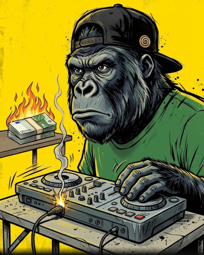 Le gorille mascotte de mfdy.digital derrière une table de mix DJ bas de gamme qui surchauffe et fume, avec une pile de billets en euros qui brûle en arrière-plan, sur fond jaune, illustrant le coût caché d'un site pas cher ou mal exécuté