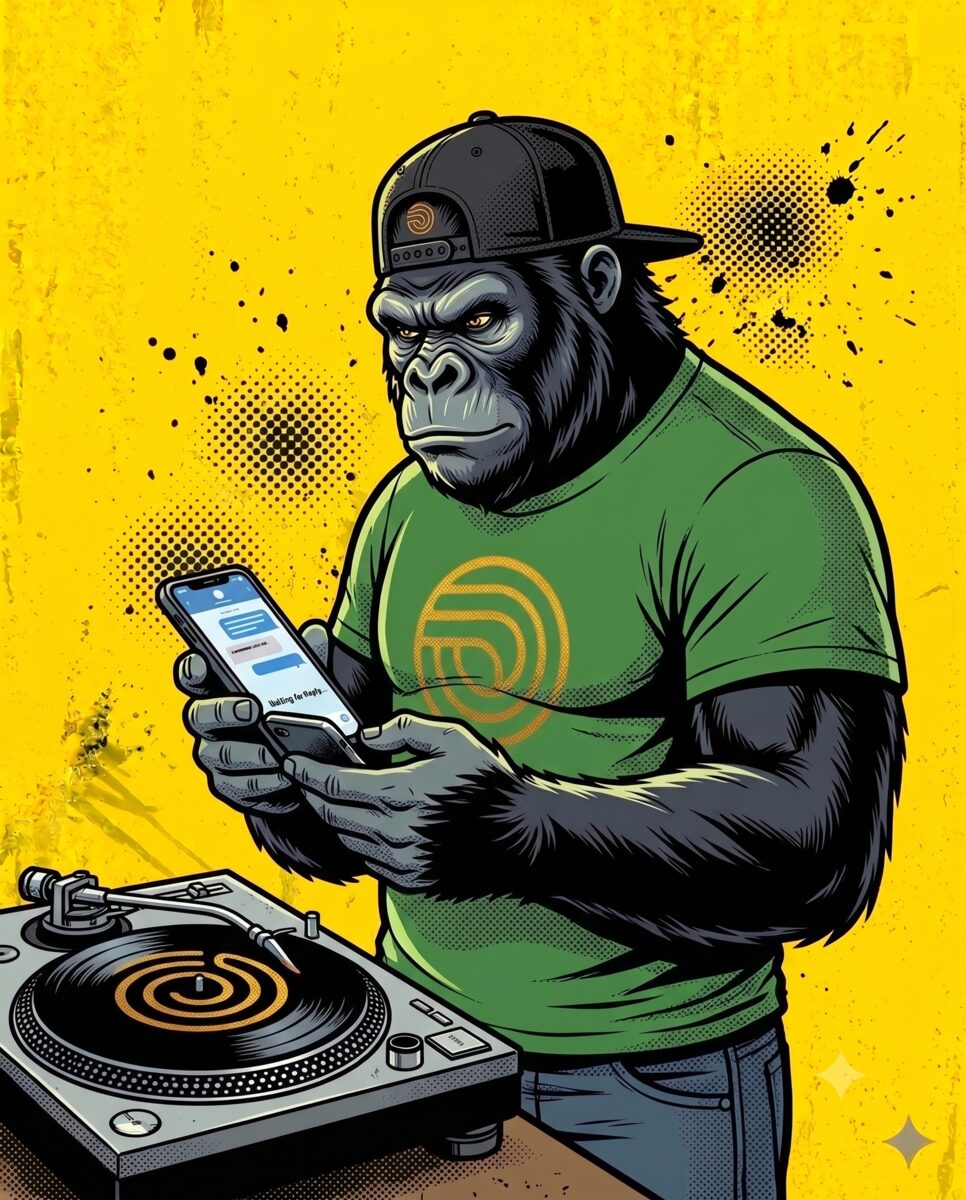 Le gorille mascotte de mfdy.digital, casquette noire à l'envers et t-shirt vert, debout devant une platine DJ, vérifiant son téléphone en attendant une réponse, sur fond jaune