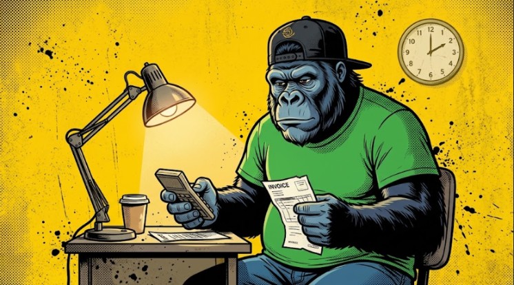 Le gorille mascotte de mfdy.digital assis à son bureau tard le soir, fatigué mais concentré, tenant une calculatrice et une facture froissée sous une lampe de bureau, illustrant un devis sous-évalué et la leçon apprise sur la valeur du travail