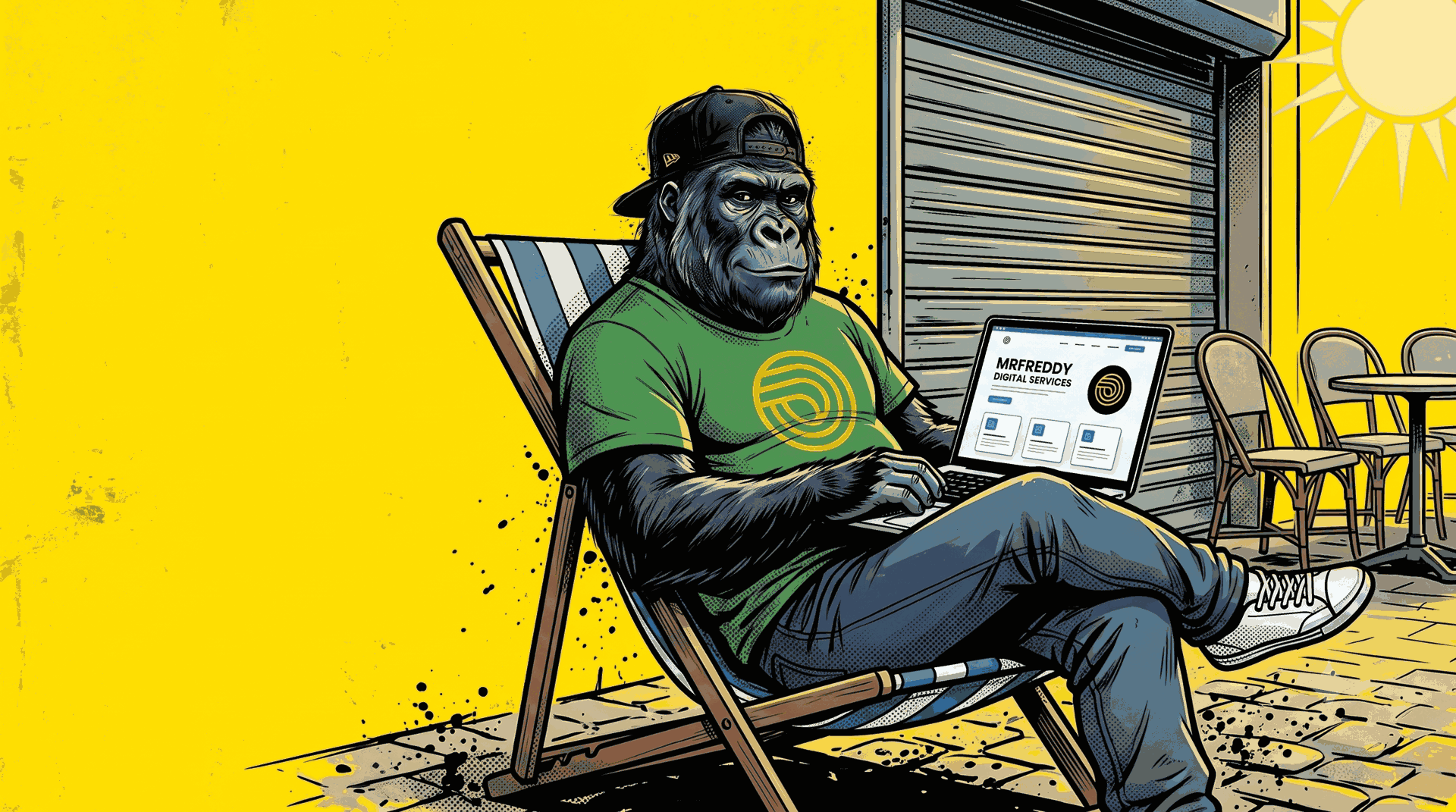 Un DJ gorille tranquille en transat regarde calmement un ordinateur portable affichant un site web, sous le soleil, pendant que la piste est vide : il prend le temps de soigner sa boîte quand tout est calme