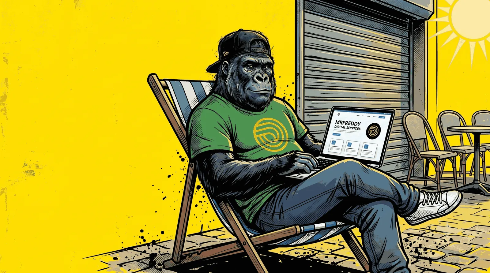 Un DJ gorille tranquille en transat regarde calmement un ordinateur portable affichant un site web, sous le soleil, pendant que la piste est vide : il prend le temps de soigner sa boîte quand tout est calme