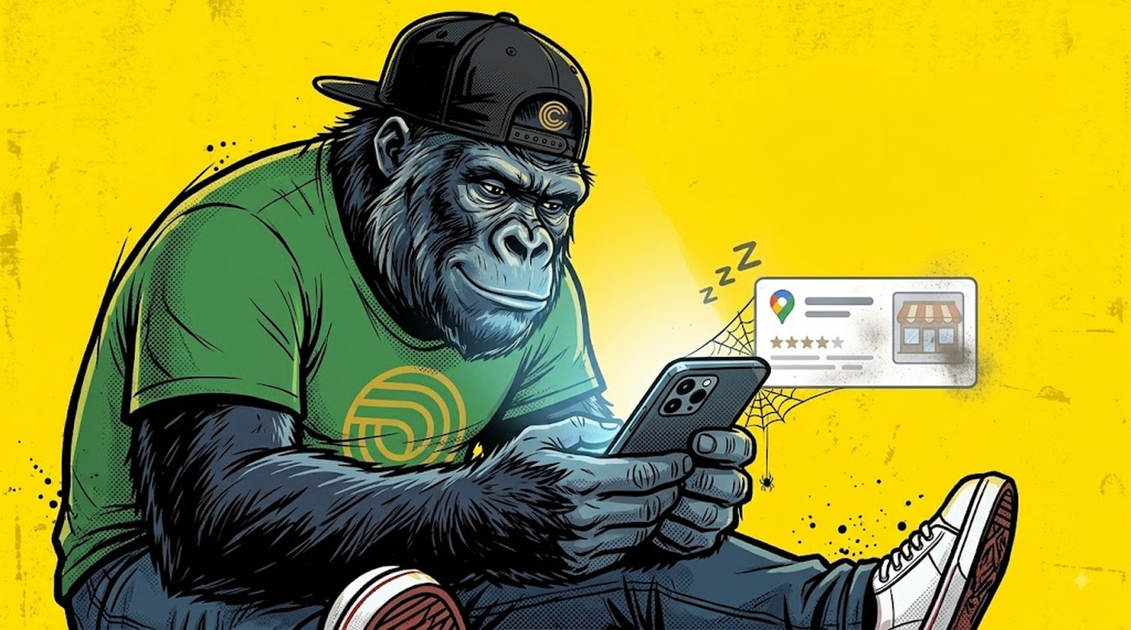 Le gorille mascotte de mfdy.digital regarde son téléphone en souriant, affichant une fiche Google Business Profile poussiéreuse avec des toiles d'araignée et un symbole de sommeil, sur fond jaune, illustrant une fiche invisible en attente de vérification