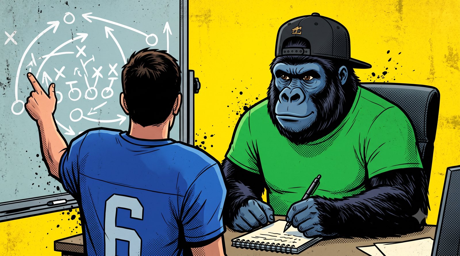 Le gorille mascotte de mfdy.digital assis a un bureau, prenant des notes pendant qu'un coach de dos en maillot bleu explique une strategie au tableau tactique, sur fond jaune, illustrant le fond et la strategie contre le show