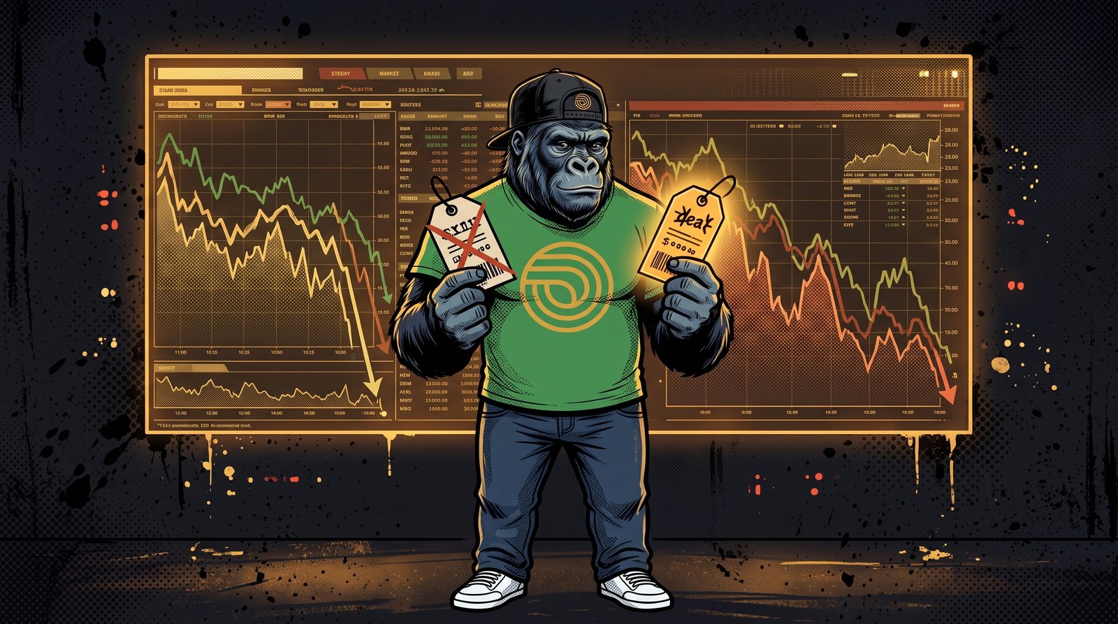 Illustration d'un personnage gorille en casquette et tee-shirt vert tenant deux étiquettes de prix, l'une barrée d'une croix rouge et l'autre cassée, devant des graphiques de cours en forte baisse, sur fond sombre avec éclaboussures orange