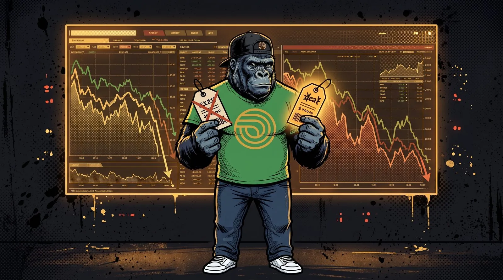 Illustration d'un personnage gorille en casquette et tee-shirt vert tenant deux étiquettes de prix, l'une barrée d'une croix rouge et l'autre cassée, devant des graphiques de cours en forte baisse, sur fond sombre avec éclaboussures orange