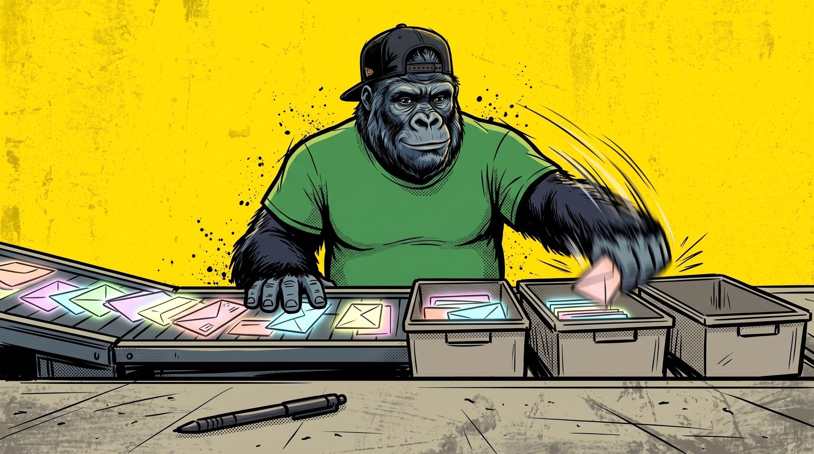 Illustration d'un gorille en casquette noire à l'envers et tee-shirt vert sur fond jaune, triant à toute vitesse des enveloppes lumineuses dans trois bacs, une main floue de rapidité, un stylo abandonné au sol au premier plan