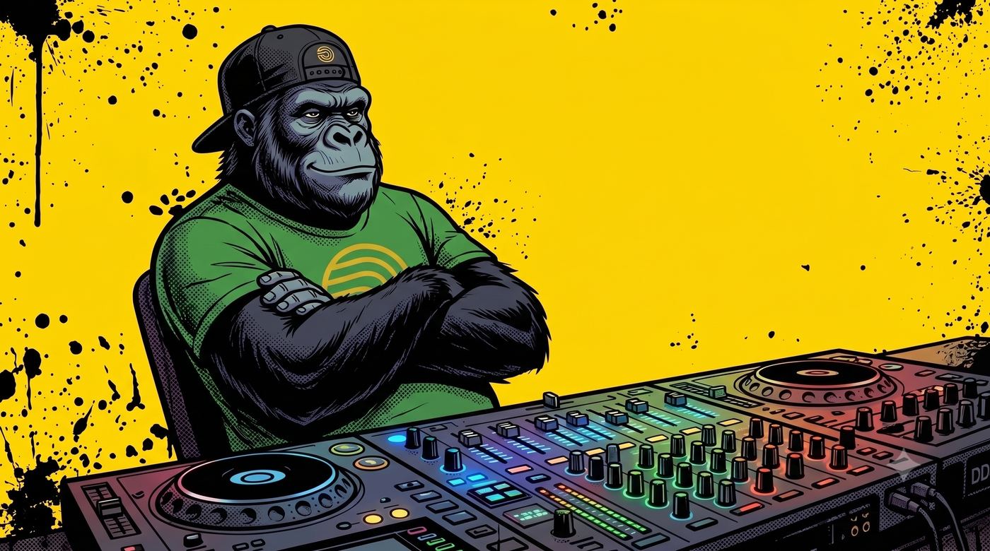 Le gorille mascotte de mfdy.digital, casquette noire à l'envers et t-shirt vert, assis en retrait devant une console qui tourne toute seule, fond jaune