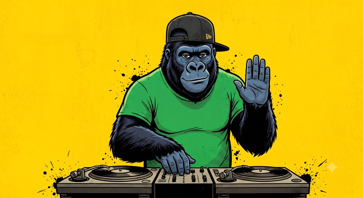Le gorille mascotte de mfdy.digital derriere des platines de DJ, une main levee sur le silence avant le drop, sur fond jaune, illustrant le vide qui met le message en valeur