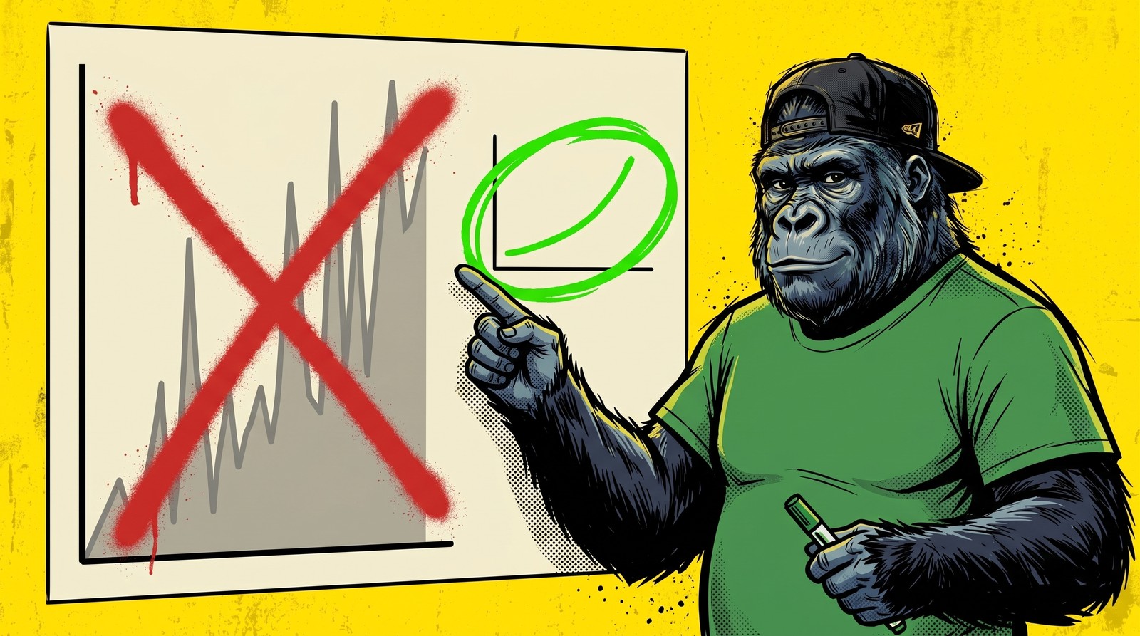 Illustration d'un personnage gorille en casquette noire à l'envers et tee-shirt vert sur fond jaune, tournant le dos à une grande courbe de trafic barrée d'une croix rouge pour désigner une petite courbe verte entourée au marqueur