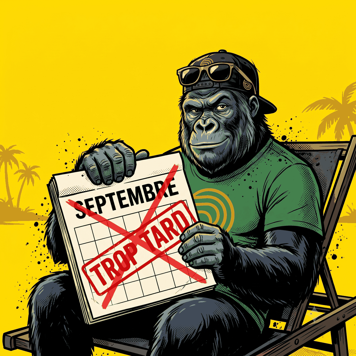 Le gorille mascotte de mfdy.digital sur un transat, tenant un calendrier où le mois de septembre est barré d'une croix rouge et marqué trop tard, sur fond jaune