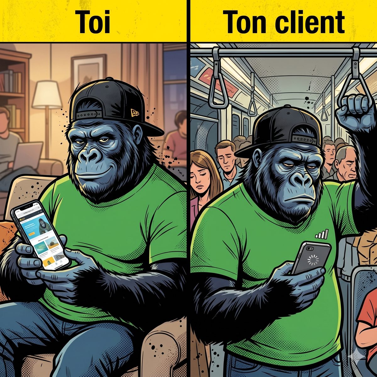 Comparaison en deux scènes : à gauche un acheteur détendu chez lui consulte une boutique qui s'affiche instantanément, à droite le même acheteur agacé dans un métro bondé devant un téléphone qui rame avec un signal faible