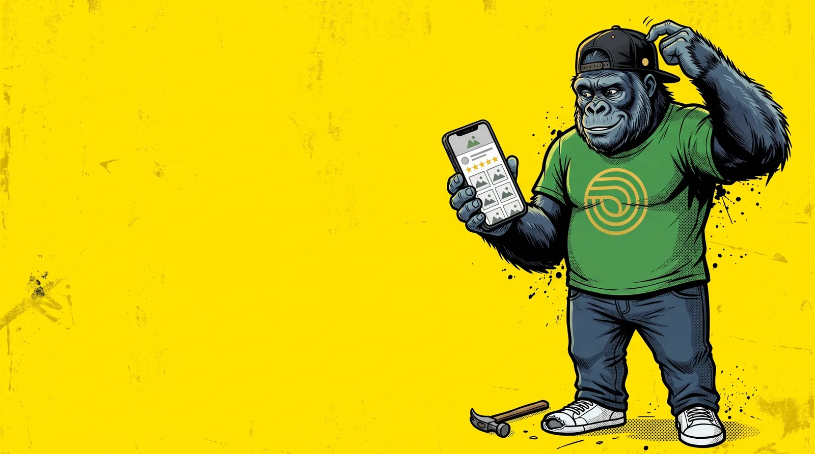 Illustration d'un gorille en casquette noire à l'envers et tee-shirt vert sur fond jaune, qui regarde son téléphone où s'affiche une fiche d'entreprise aux cadres photo vides, avec une basket trouée au premier plan
