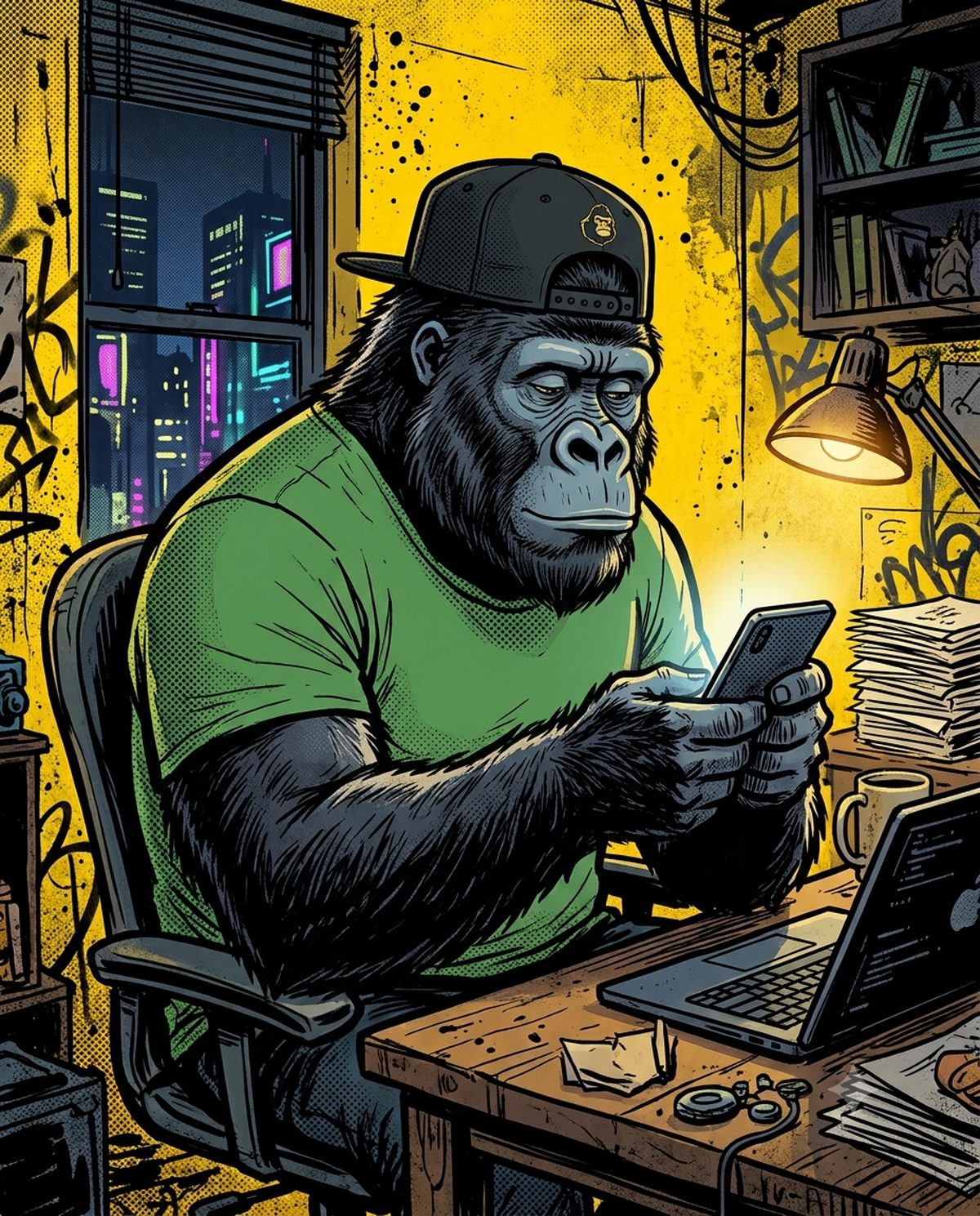 Le gorille mascotte de mfdy.digital, casquette noire à l'envers et t-shirt vert sur fond jaune, assis calmement en train de lire un message sur son téléphone, illustrant la gestion posée d'un retour client négatif