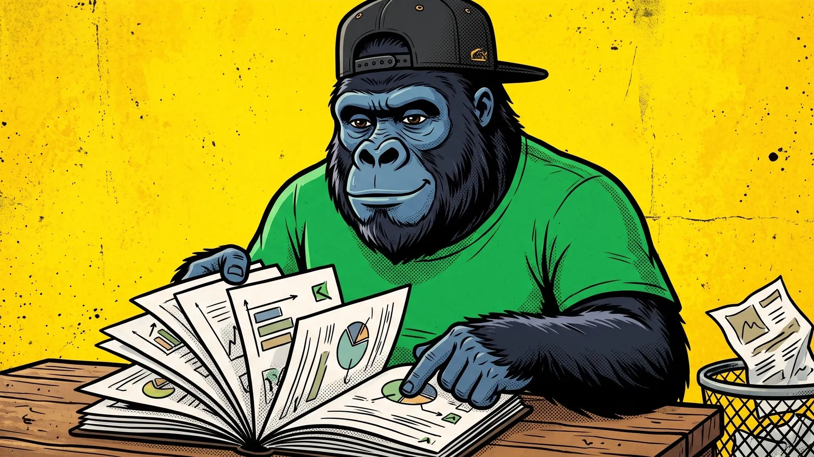 Illustration d'un personnage gorille en casquette noire à l'envers et tee-shirt vert sur fond jaune, assis à une table en bois, qui étale un devis de neuf pages couvertes de graphiques et de coches, pendant qu'un prospectus d'une seule page finit froissé dans une corbeille