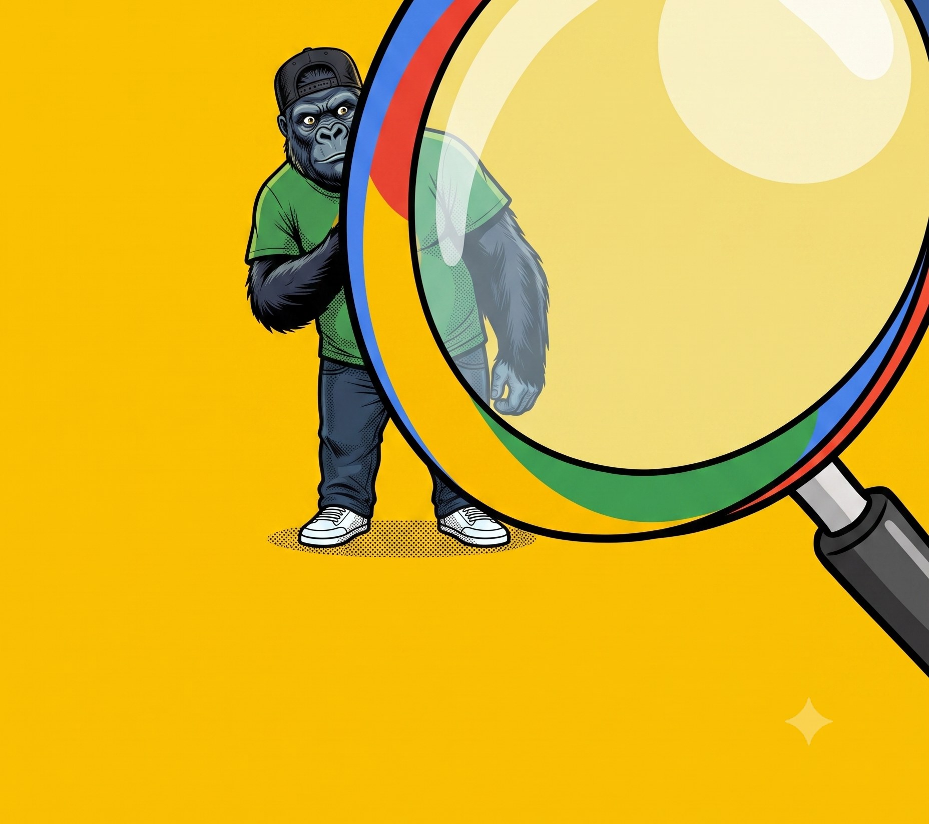 Le gorille mascotte de mfdy.digital, casquette snapback noire et t-shirt vert sur fond jaune, se cachant à moitié derrière une grande loupe Google, illustrant une entreprise locale invisible dans les résultats de recherche