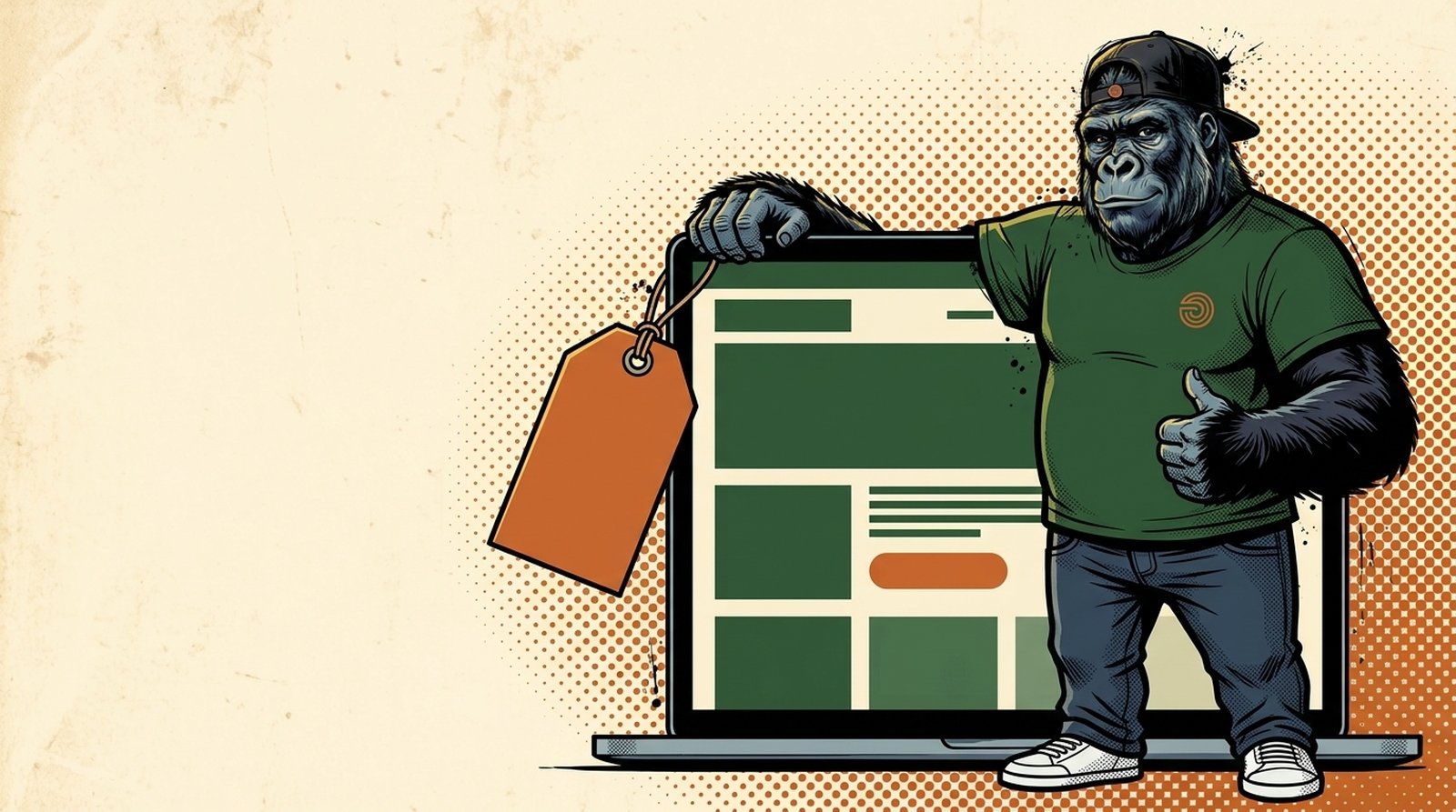 Silver, le gorille mascotte de mfdy.digital, casquette noire et t-shirt vert, accroche une grande étiquette de prix orange au coin d'un écran d'ordinateur géant qui affiche un site web, sur fond crème