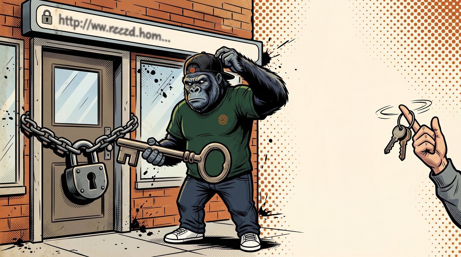 Silver, le gorille mascotte de mfdy.digital, devant la porte cadenassée de sa boutique surmontée d'une barre d'adresse web, essaie une grosse clé qui ne rentre pas pendant qu'une main anonyme fait tourner le vrai trousseau