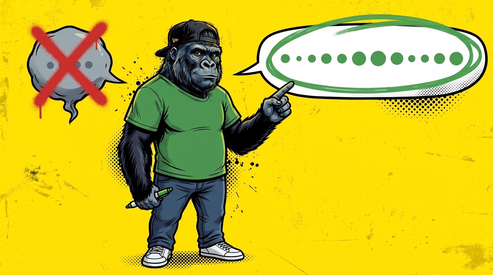 Illustration d'un personnage gorille en casquette noire à l'envers et tee-shirt vert sur fond jaune, tournant le dos à une petite bulle de dialogue grise barrée d'une croix rouge pour désigner une longue bulle verte entourée au marqueur