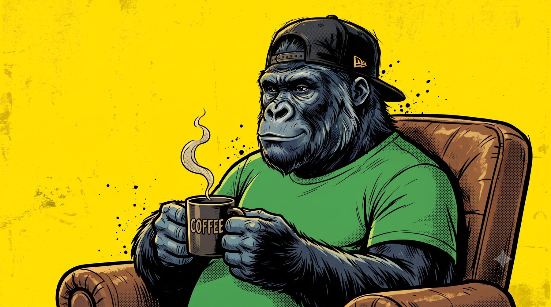 Le gorille mascotte de mfdy.digital, casquette à l'envers et t-shirt vert sur fond jaune, assis détendu un café à la main en mode dimanche, illustrant l'importance du repos dans le rythme de travail d'un entrepreneur solo