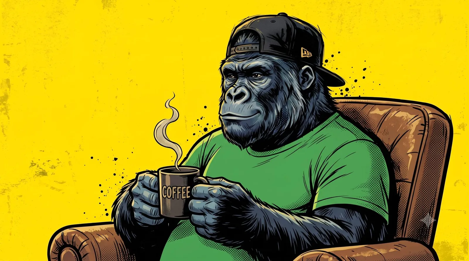 Le gorille mascotte de mfdy.digital, casquette à l'envers et t-shirt vert sur fond jaune, assis détendu un café à la main en mode dimanche, illustrant l'importance du repos dans le rythme de travail d'un entrepreneur solo