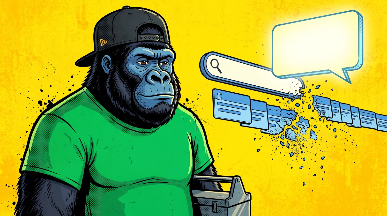 Illustration d'un personnage gorille en casquette noire à l'envers et tee-shirt vert sur fond jaune, une caisse à outils à la main, devant une barre de recherche géante : sous elle, une file de liens bleus s'effrite en poussière pendant qu'une grande bulle de réponse lumineuse flotte au-dessus